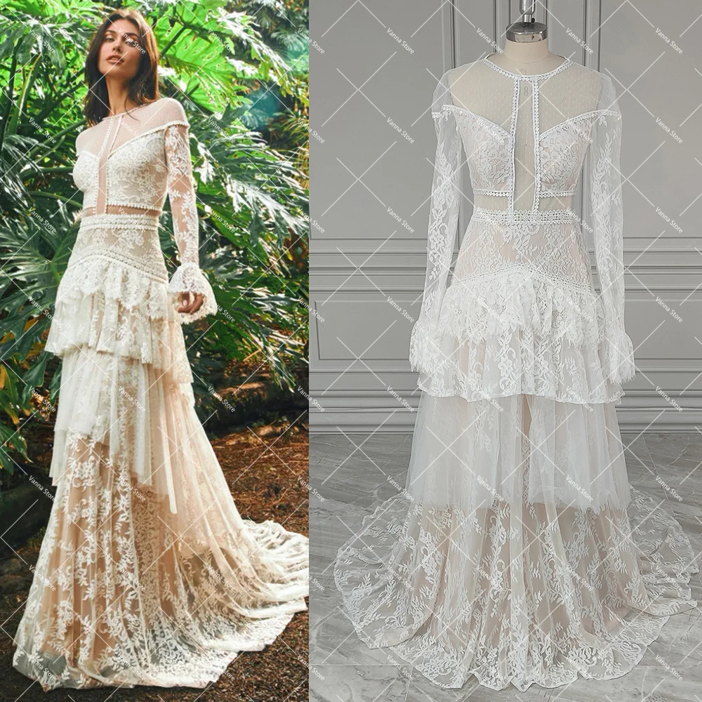 Bohemian Fit and Flare Semi Transparent Dotted Tulle Wedding Dress Customized Tiered Lace Long Sleeves Boho Unique Bridal Gowns