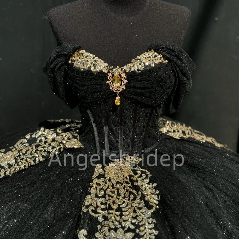 Angelsbridep Abito da ballo nero personalizzato Abiti Quinceanera Applicazioni in oro Perline Abito da sera da sera Donna Abiti da festa