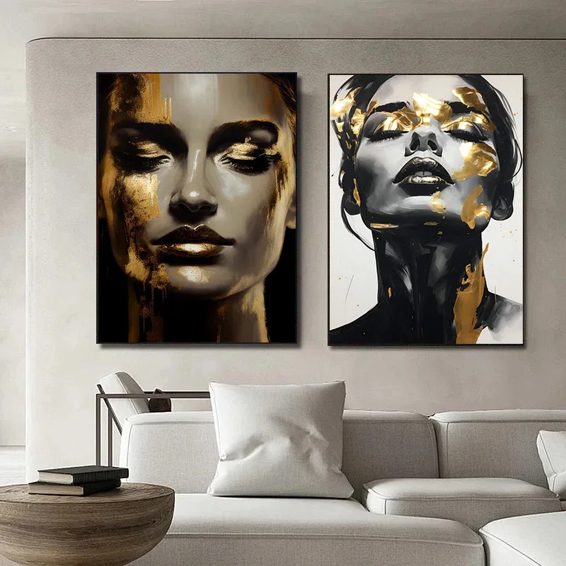 Women Face with Golden Portrait Poster Canvas Paintings Modern Abstract Wall Art Pictures for Living Room Home Decor NO FRAME