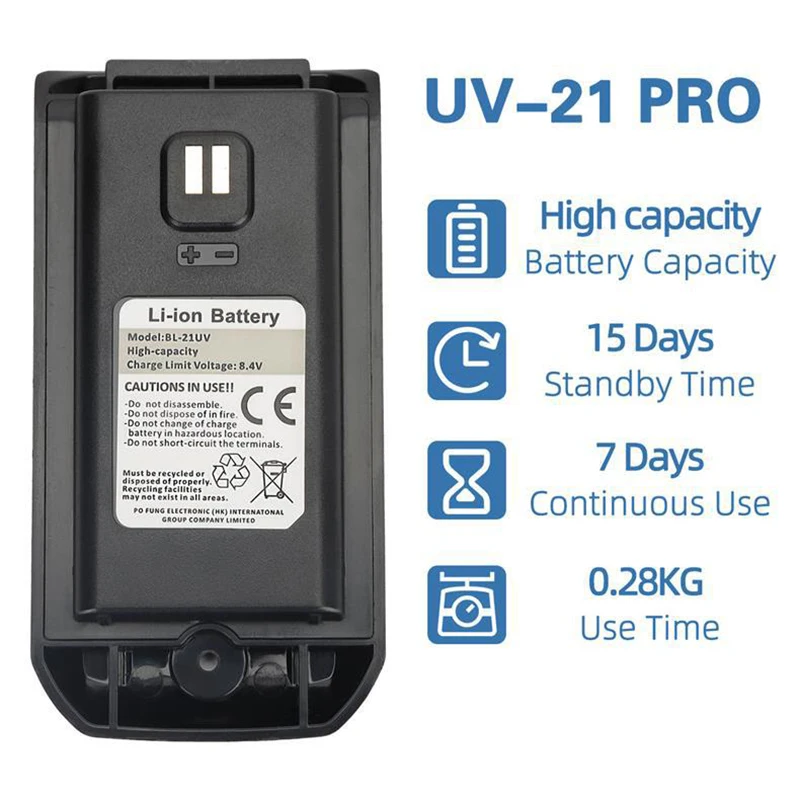 BAOFENG-UV-21 Pro Walkie Talkie Li-ion Battery, alta capacidade, suporte de carregamento tipo C, rádios bidirecional, peças extras, BL-21UV, UV-21 Pro