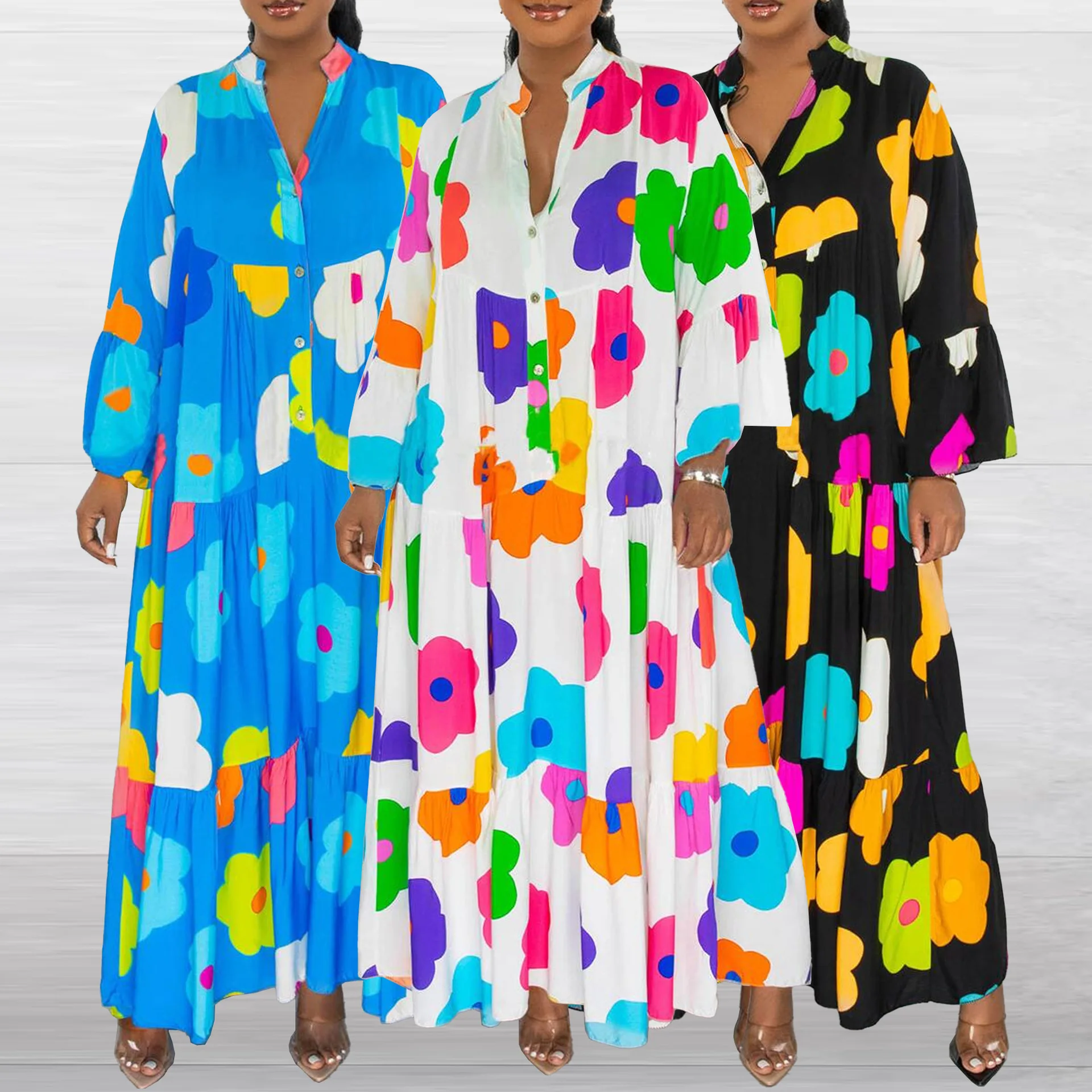 Robes Africaines Élégantes pour Femmes Printemps Automne Femmes Africaines À Manches sulfCol En V Polyester Imprimé Maxi Robe Afrique Vêtements S-3XL