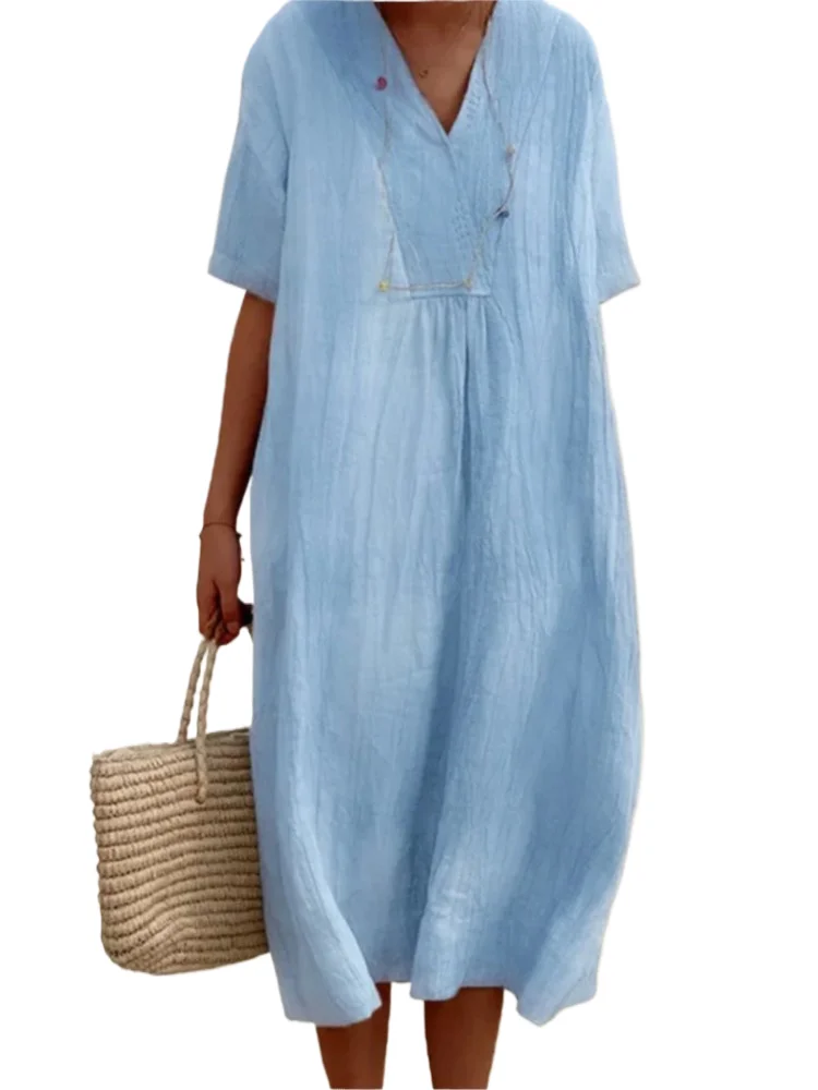 

Casual Solid Loose Dress For Women Fashion V Neck Short Dresses Robe Femme Beach Holiday Skirts Womens Clothing Summer New 2025