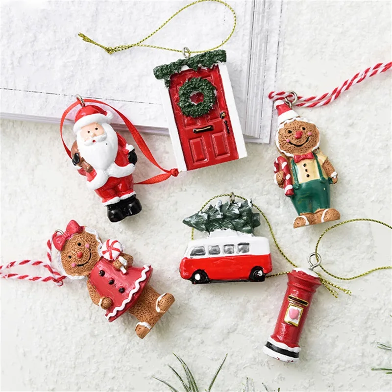 Christmas Decorations Small Hanging Ornaments Tree Decor Pendants Resin Gingerbread Santa Claus Red House Mailbox Car Decor Gift