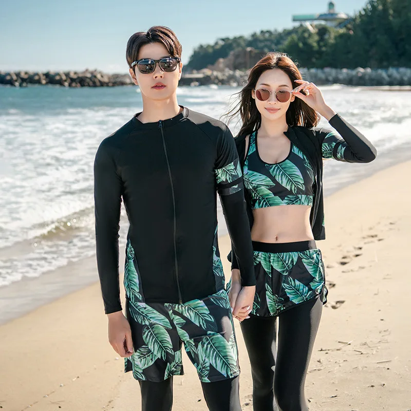 

2024 New Couple Long Sleeve Multi Piece Swimsuit Women Men Rash Guard Print Beach Wear Sports Swimming Bathing Suit Shorts Pants