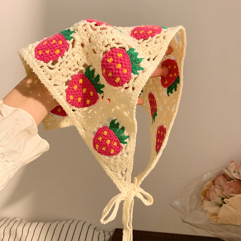 Korean Sweet Cute Handmade Crochet Hollow Triangle Headband Towel For Women Girls Flower Headscarf Hair Accessories
