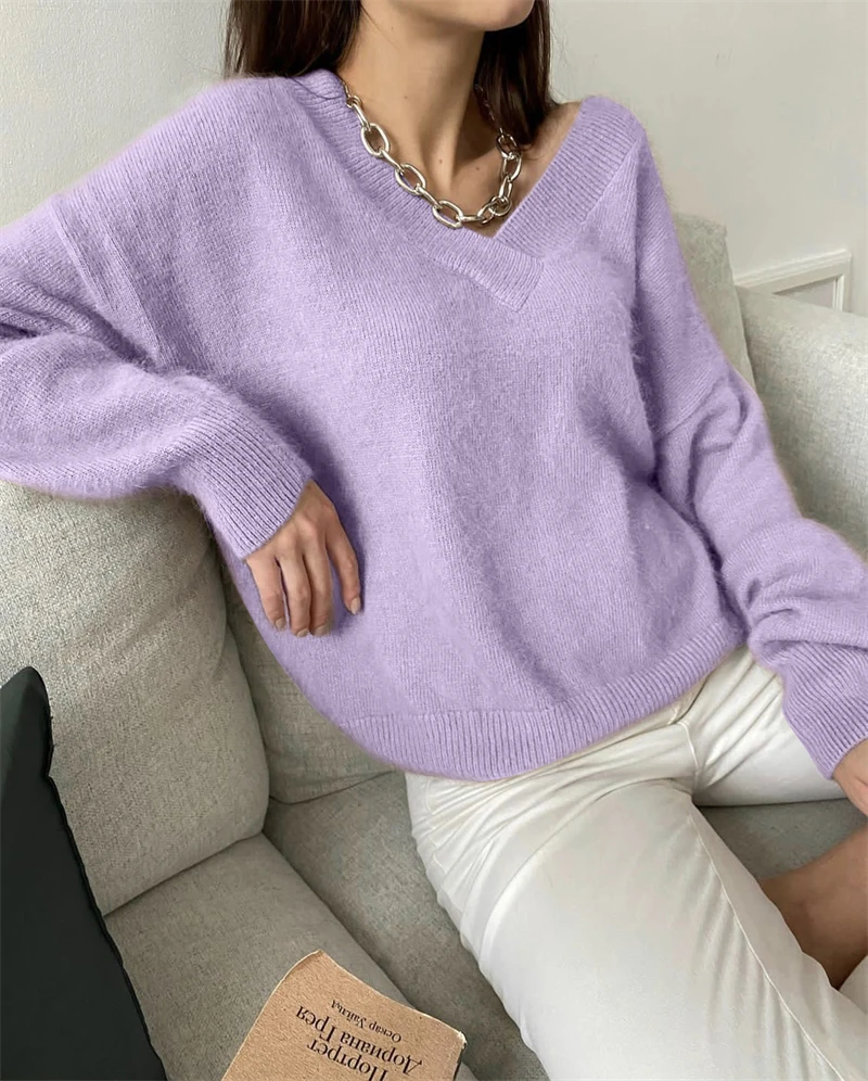 Hirsionsan 2024 New Soft V-neck Loose Knitted Cashmere Sweaters Women Winter Solid Female Pullovers Warm Basic Knitwear Jumper