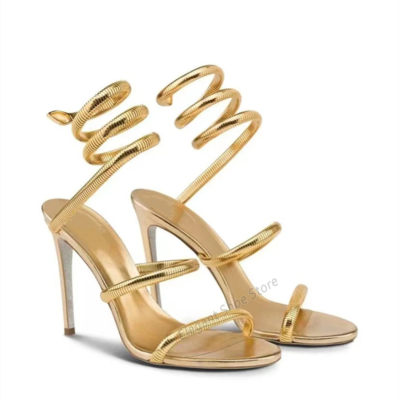 

Golden Snake Shaped High Heels Sexy Serpentine Wrapped Ankle Stiletto Sandals Summer New Open Toe Wedding Bride Shoes Plus Size