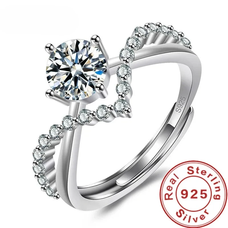 925 Sterling Silver Zircon Couple Ring Adjustable Open Heart-Shaped Men Women Love Eternal Wedding Anniversary Jewelry