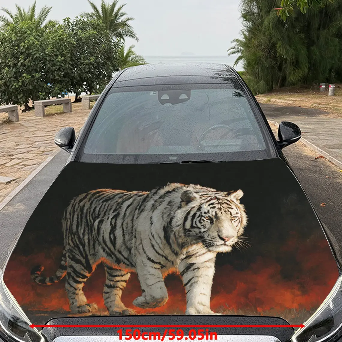 Car Decals White Tiger with Distinct Black Stripes, a Walking Stance, and a Fiery - Hued Scene Car Hood Sticker, Waterproof Self