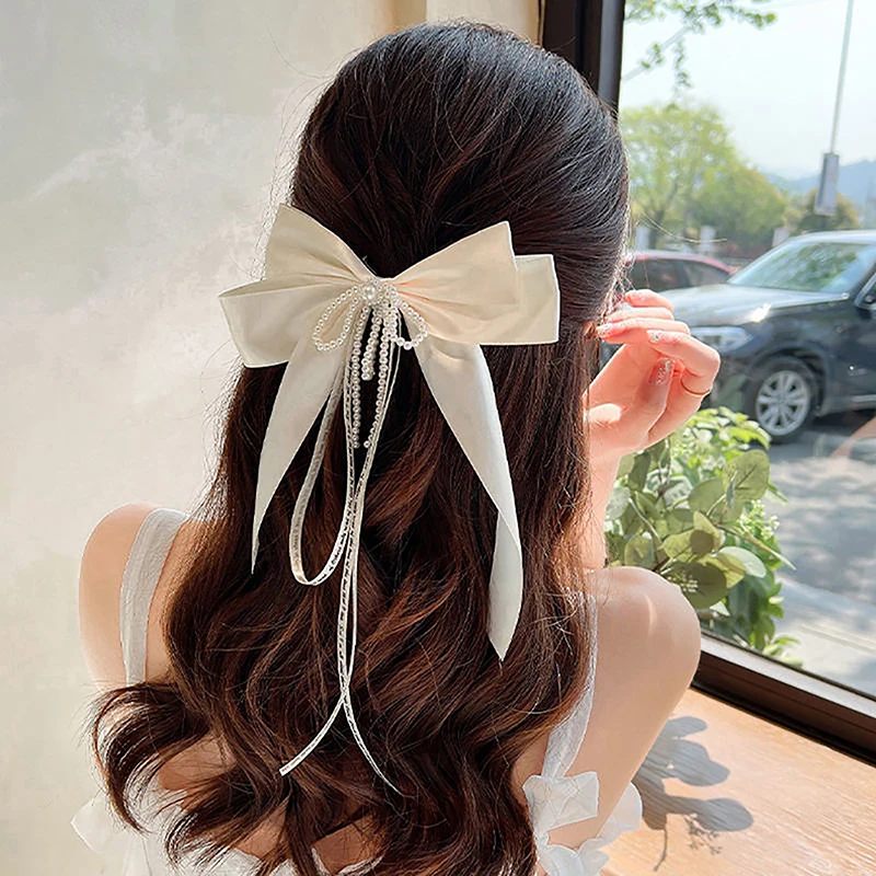 2023 New Large Bow Ribbon Hairpin Women Tassels Pearl Hair Clip Bowknot Barrettes Ponytail Clip Headband Girls Hair Accessories