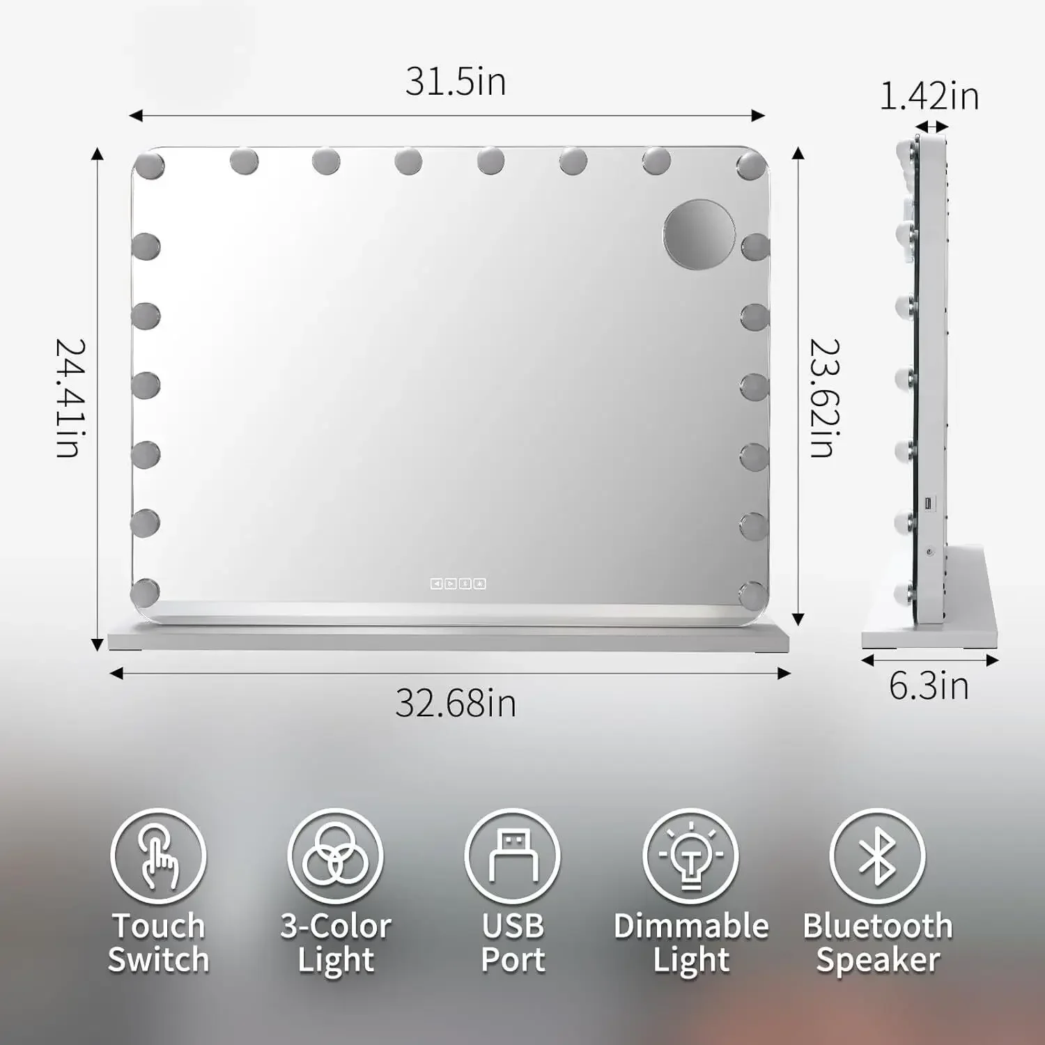 

Make-Up Mirror with ,Bluetooth Player, 20 LED Lighting, Large Cosmetic Mirror with 3 Dimmer Light