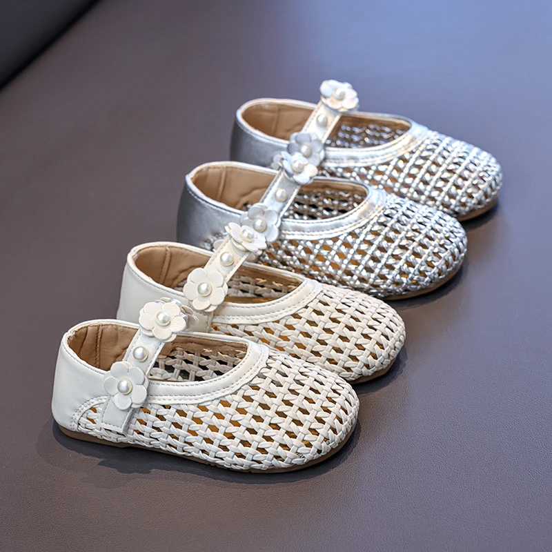Girls Weave Mary Jane Sandals Children Hollow Out Pearls Flowers Shoes Kids Flats Princess Dress Shoes Non Slip Soft Sole