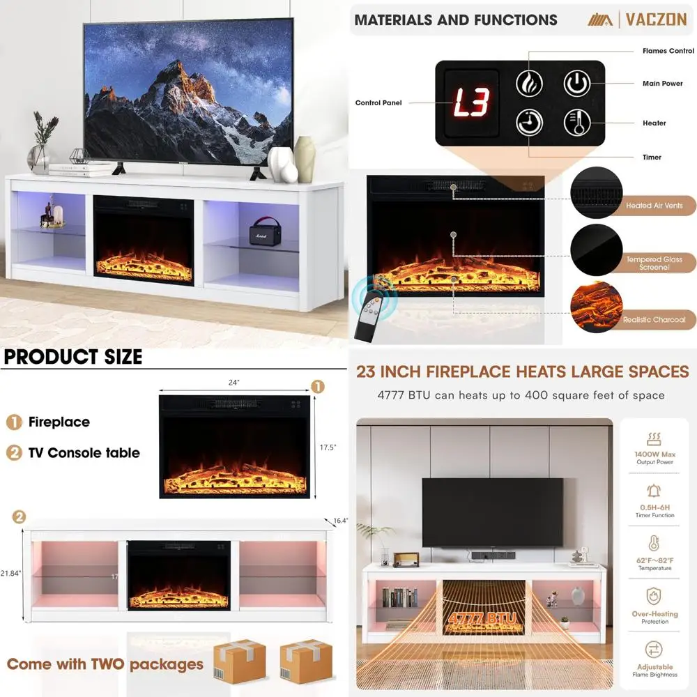 Soporte de TV con chimenea eléctrica para 75 televisores, centro de entretenimiento con 23 luces LED, muebles de salón modernos