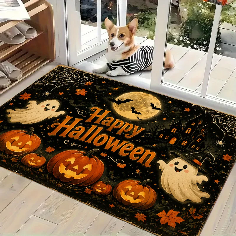 1pc Happy Halloween Ghost Pumpkin Moon Bat Spider Web Printed Floor Mat, Decorative Area Rug for Entrance, Porch, Home Decor