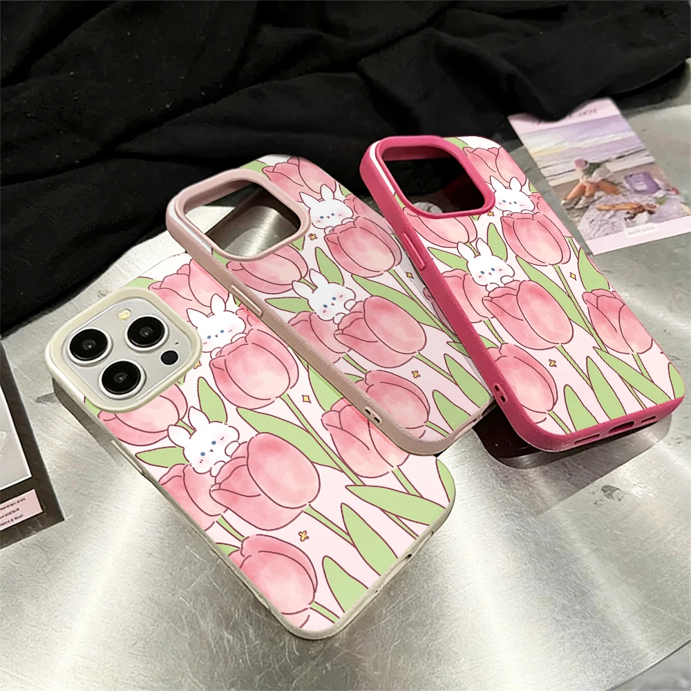 Rosa Tulpe Weißer Hase Handyhülle für iPhone 17 16 15 14 13 12 Pro Max 16 15 14 Plus 17 16 15 14 Pro 17Air Silikon Matte Hülle – Detail 3