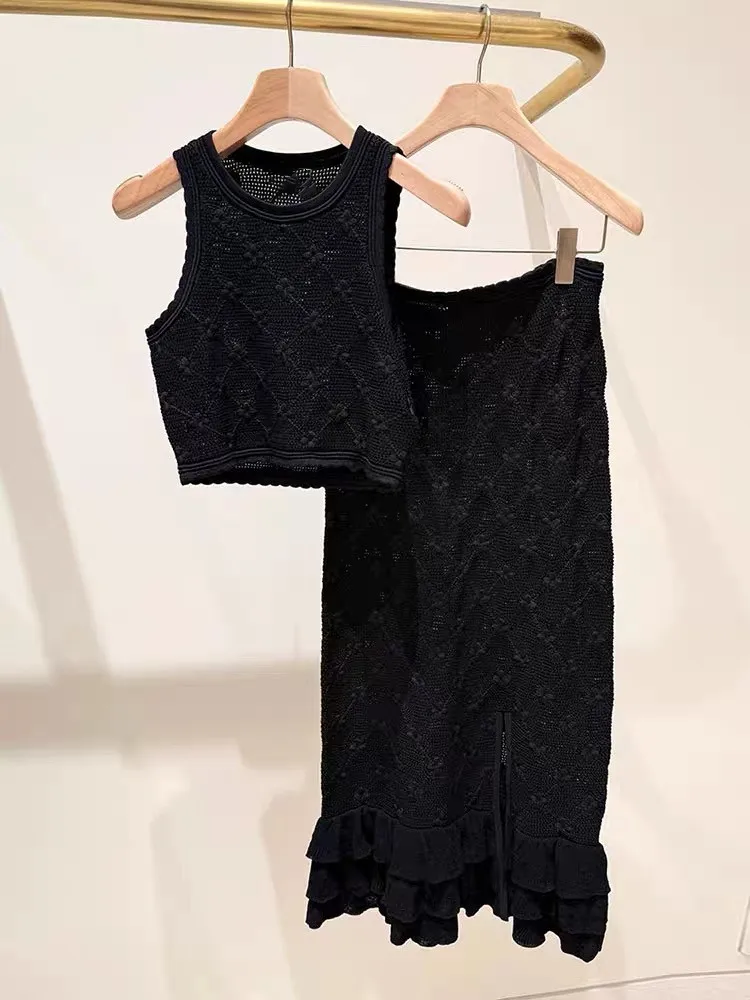 

High-End Knitted Slim Fit Vest And f Skirt Set with Lace Trim And Patterned Design for Women Faionable European Sle