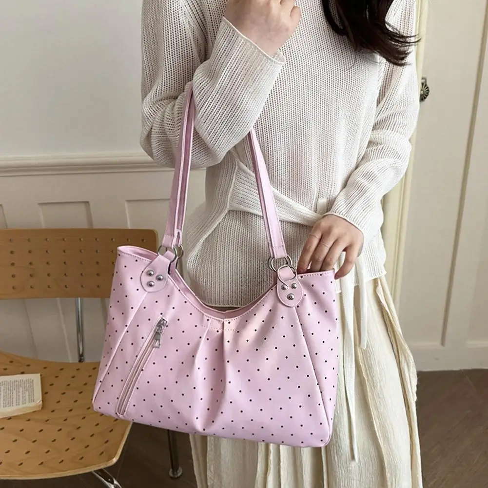 Damen-Umhängetasche, Vintage-Polka-Dot-Design, Pendler-Tragetasche, große Kapazität, PU-Leder-Handtasche, Unterarmtasche für Schule, Büro und den täglichen Gebrauch. – Detail 9