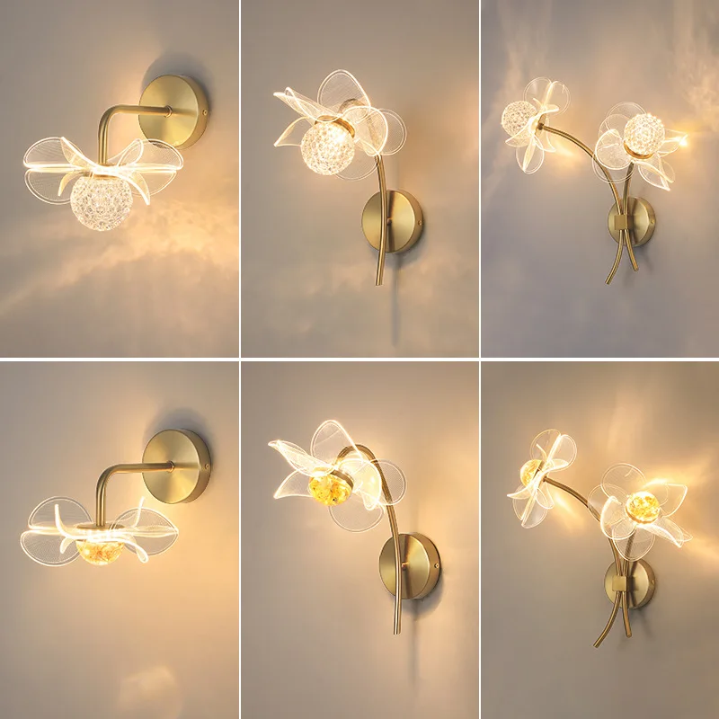 Nordic Study Bedroom Wall Lamps Flower Shape Gold Child Bedsides Lights Eye Protection Wall Sconce Light Aisle Corridor Fixture