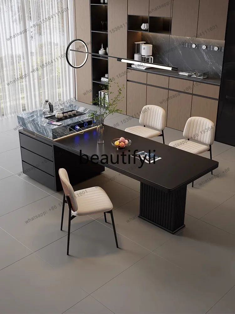 Italian rock slab island dining table integrated retractable middle island home bar table light luxury living room dining table