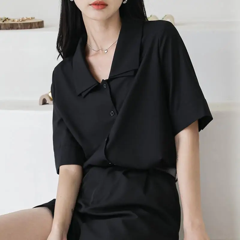 Black Shirts Women Summer Unisex Simple Chic Half Sleeve Basic Schoolgirls Tops All-match Straight Clothes Hot Sale Vintage Lady