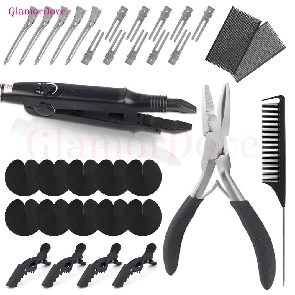 GlamorDove Professional K-Tip Hair Extension Tool Kit with Clips, Tail Comb, Keratin Bond Cutter, Heat Shields & Velcro