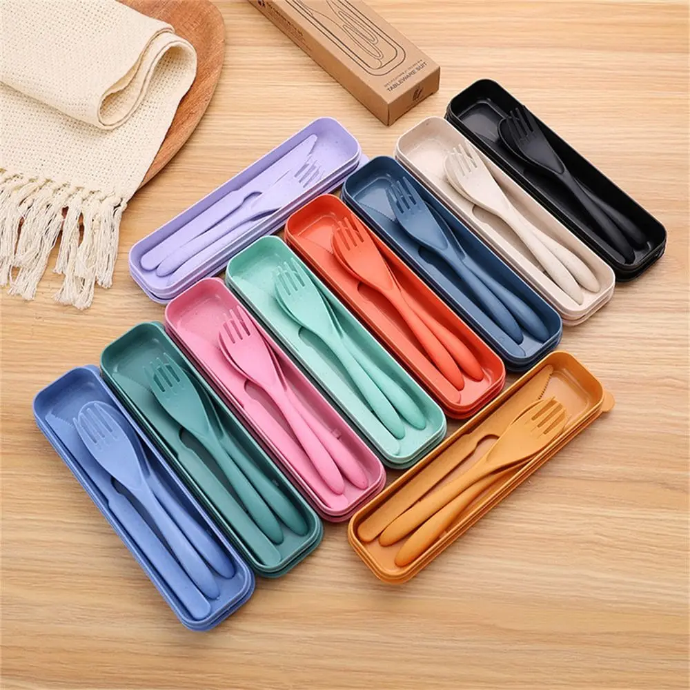 Portable Reusable Camping Utensil Set With Case Wheat Straw Travel Utensils Cutlery Plastic Camping Spoon Fork Picnic Hiking