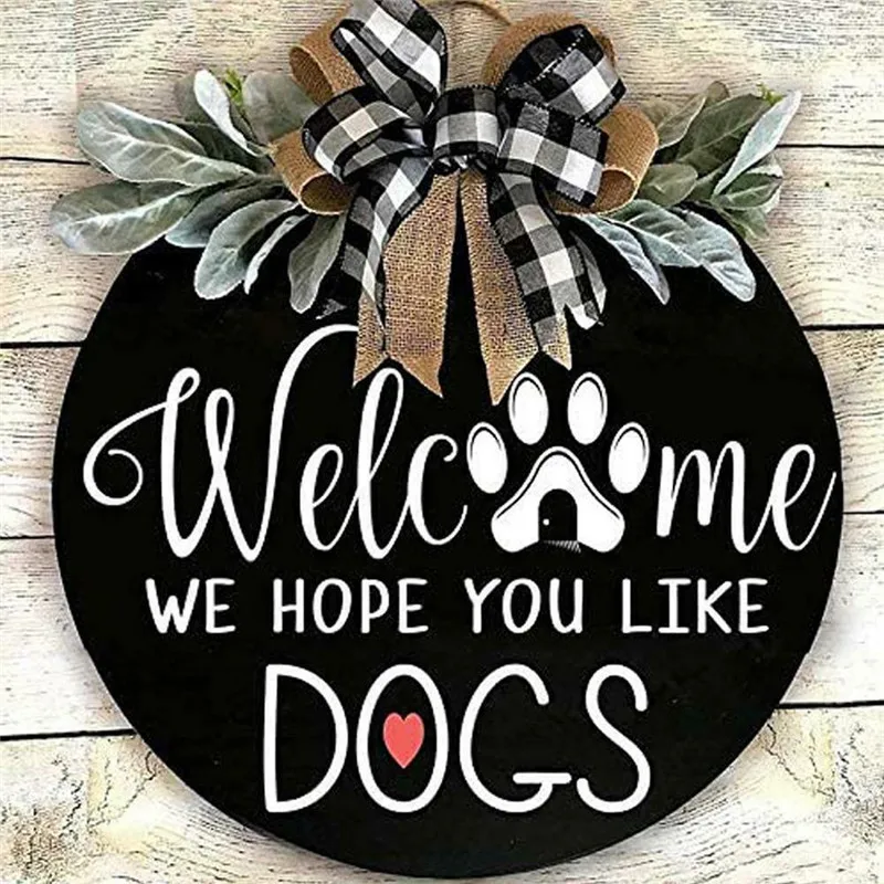 Acrylic Welcome Sign Wreath Front Door Hanger with Bow Round Outdoor Hanging Vertical Sign Pet Dog Cat Home Decoration