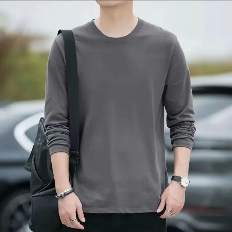 Novo em torno do pescoço manga longa penteado algodão camiseta cor sólida na moda respirável antibacteriano secagem rápida para homem e mulher