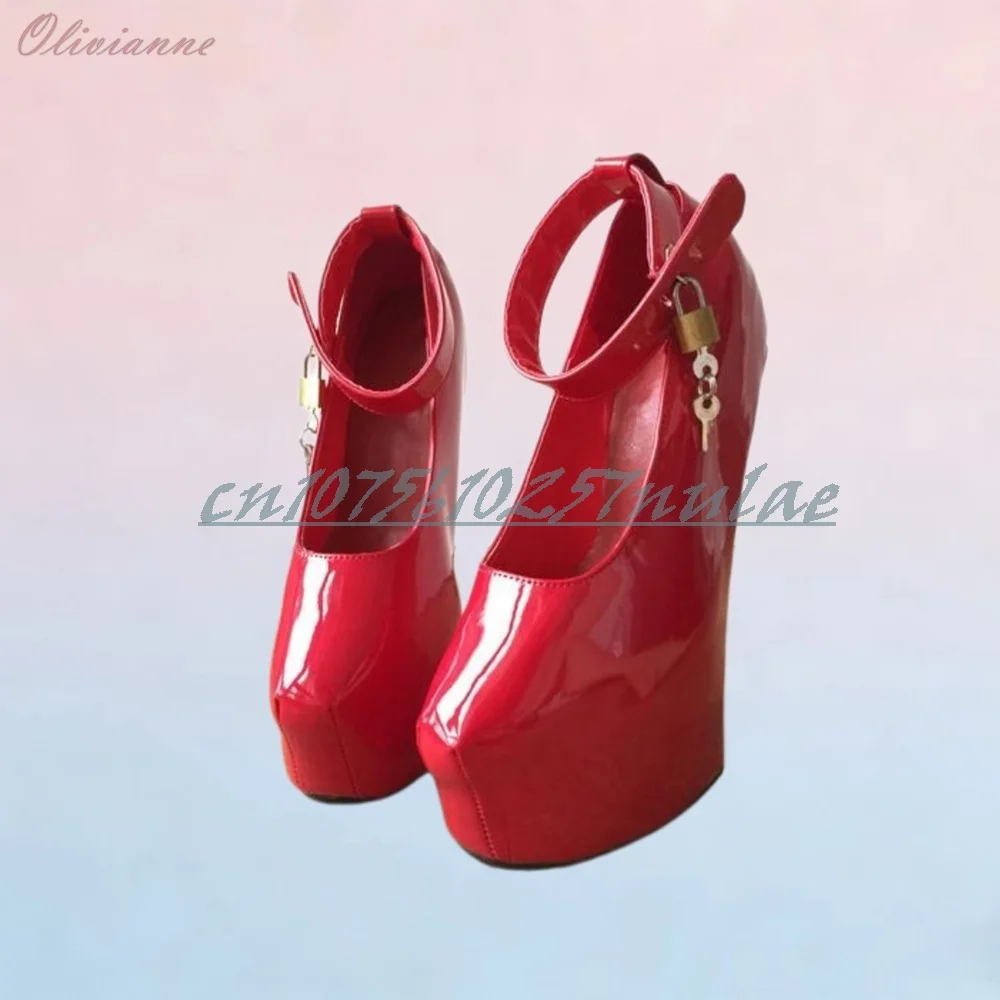 

Strange Style High Heel Red Ankle Pumps Lock Decor New Design Red Patent Leather Fashion Women Shoes 2026 Women Dance Shoes