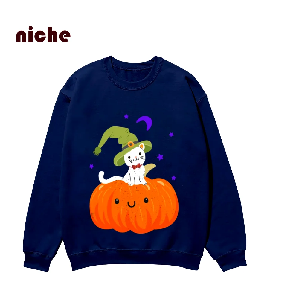 

Casual Hoodie Halloween Style Pumpkin Kitten Graphic Printing Pure Cotton High Quality Loose Shoulder Trend New Sweatshirt