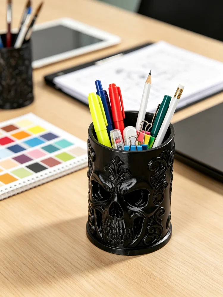 Halloween Skull Pen Holder Gothic Style Dark Skull Sculpture Pencil Holder, Vintage Engraved Relief Pattern Hollow Pen Cup, Matte Black Petg Durable Plastic, Wide Stable Base Desktop Pen Organizer, Home Office Study Dressing Table Storage, Makeup Brush Storage Holder, Thrilling and Spooky Desktop Decoration, Gothic Style Gift Novelty Cool Stationery