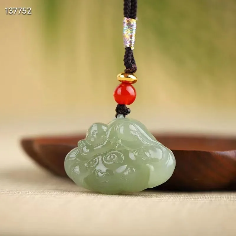 Natural 100% real green hetian jade carve the Buddha pendant Bless peace necklace jewellery for men women gifts luck