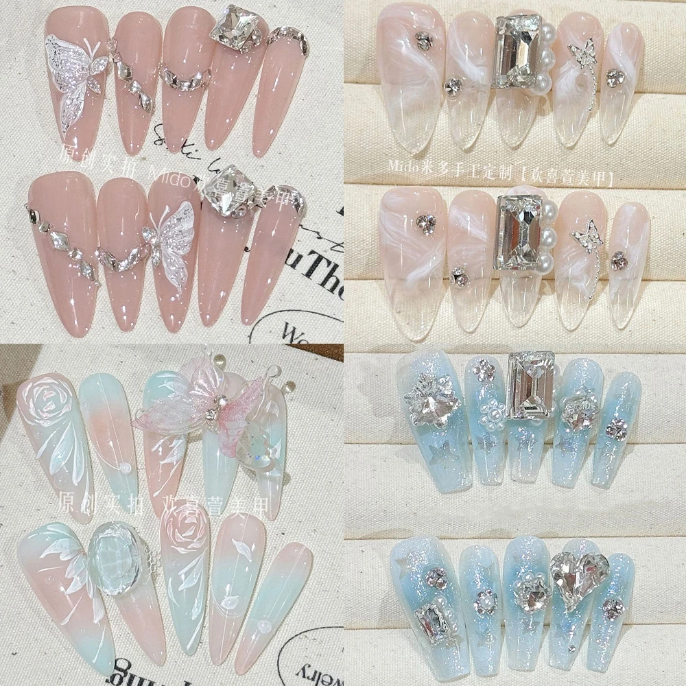 10Pcs Luxury Shiny Diamond Handmade False Nail Gradients Cat Eyes Hand-Painted Butterfly Flowers Long Stiletto Coffin Fake Nail