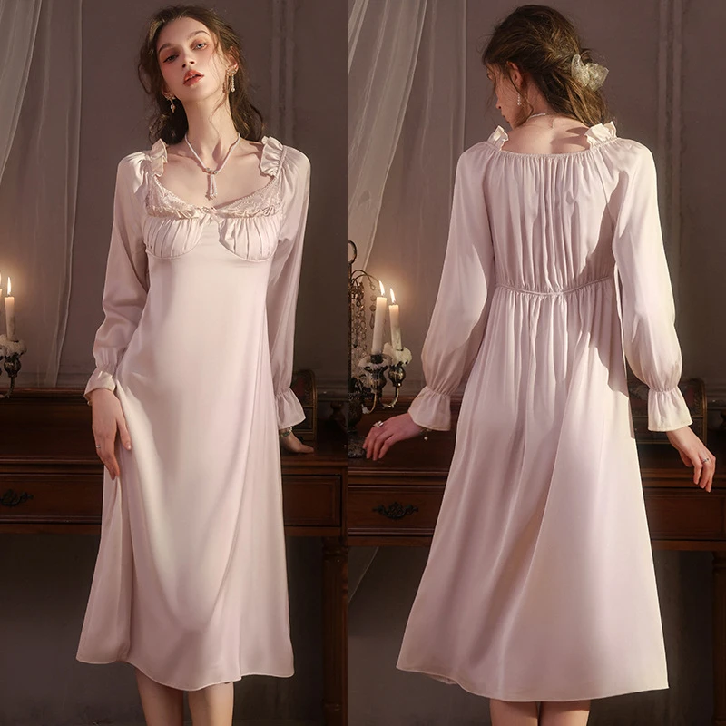 

French Long Nightgown With Chest Pad Dressing Gown Elegant Sleepdress Nightwear Spring Summer New Women's Sleepwear Silky Nighty