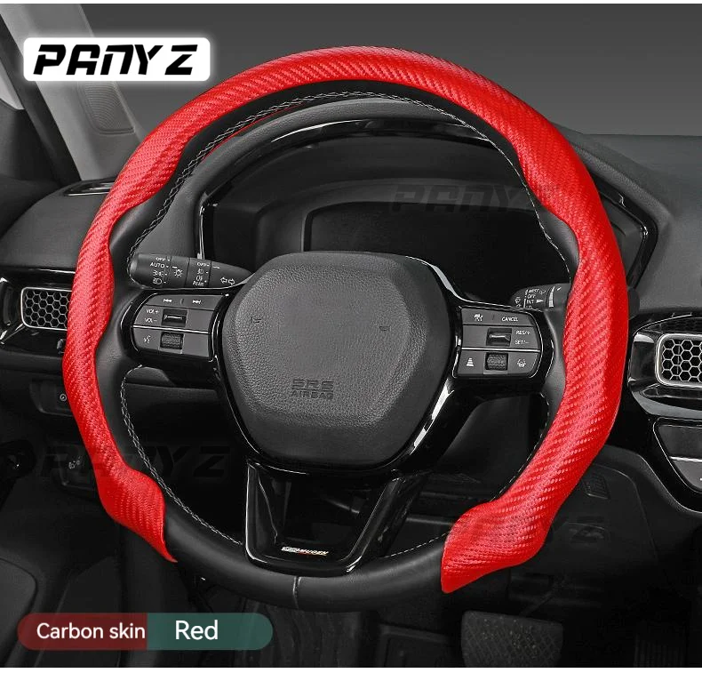 Car steering wheel sleeve, half wrapped carbon fiber pattern, all-season universal card type anti slip mesh, red D-shaped handle