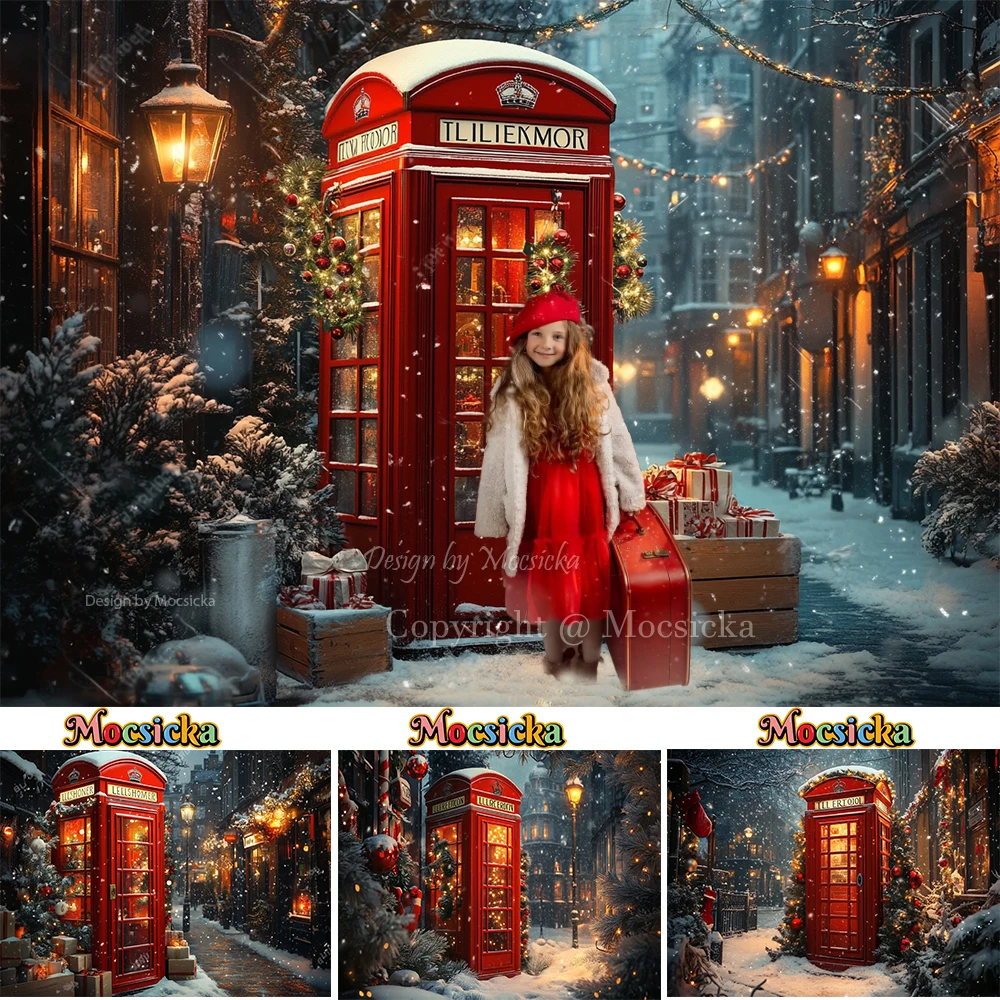 

Christmas Eve Street Corner Background Photography Red Phone Booth Lamps Backdrop Winter Outdoor Kid Birthday Photo Studio Decor