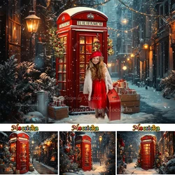 Christmas Eve Street Corner Background Photography Red Phone Booth Lamps Backdrop Winter Outdoor Kid Birthday Photo Studio Decor