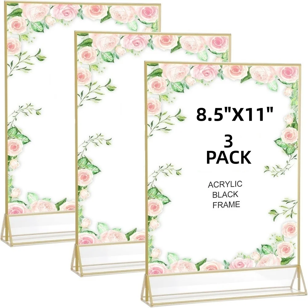 Gold Frames 8.5X11 Double-Sided Gold Picture Frames Tabletop Acrylic Sign Holder for Wedding Table Number/Menu Hold-3packer