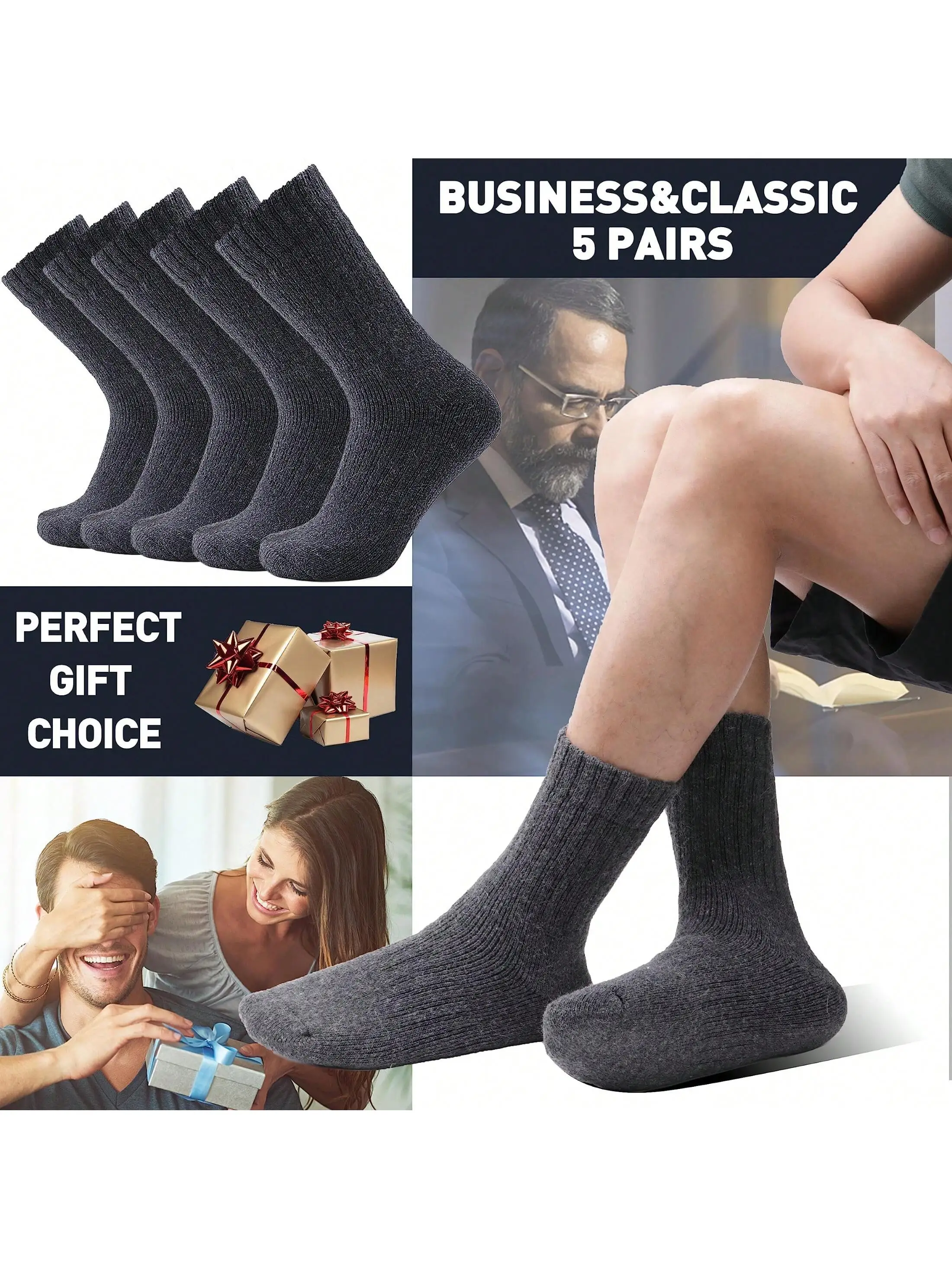5 أزواج من الجوارب الرجالية السميكة المبطنة بالصوف بلون سادة لمنتصف الساق: بسيطة ومريحة ودافئة للارتداء اليومي في الشتاء