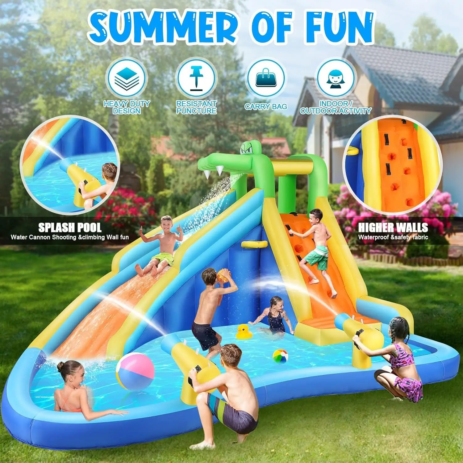 Aufblasbare Wasserrutsche und Krokodil-Wasser-Bounce-Haus, aufblasbarer Wasserrutschenpark mit Spritzbecken, Kletterwand, Korbrand, Wasserkanone