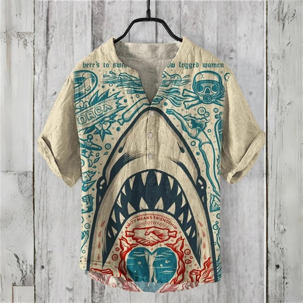 Men's Short-Sleeved Polo Shirt Blended Linen Top Hawaiian Vacation Great White Shark Fashion Print Comfortable Men's Clothing