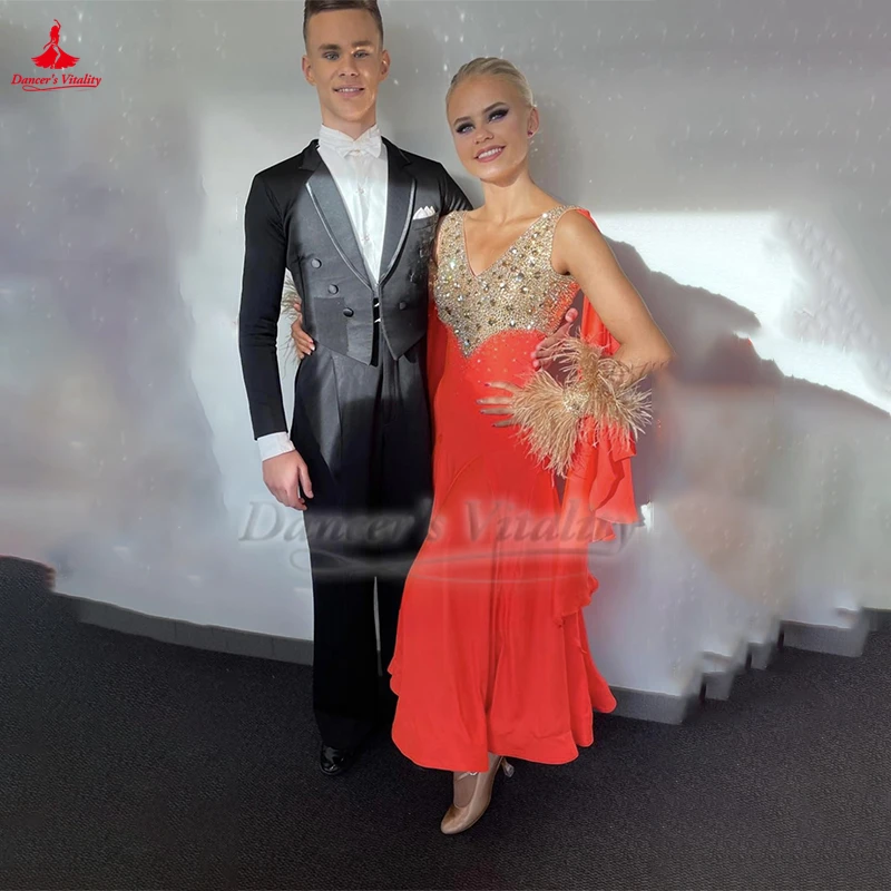 Weense wals oranje mouwloze grote swingjurken met V-hals voor volwassenen sociale dansvoorstellingen en wedstrijdkleding maatwerk