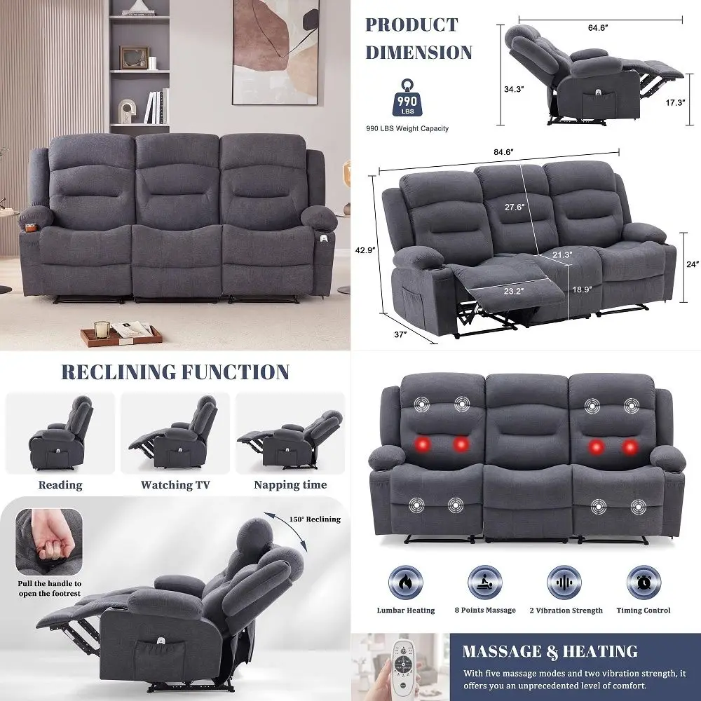 

Oversized Recliner Sofa with Heat and Massage, WallHugger Reclining Sofa with Cup Holders and USB Port, Big Large 3Seater RV Re
