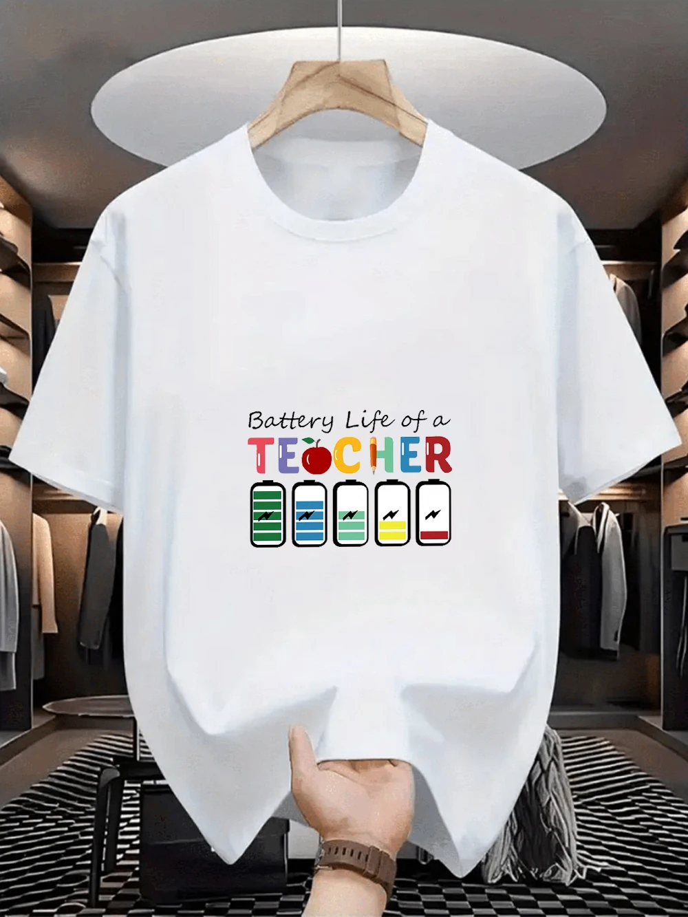 Oversized White Funny Teacher Battery Life Graphic Print Casual Short Sleeve T-Shirt, Loose Crew Neck Tee for Educators