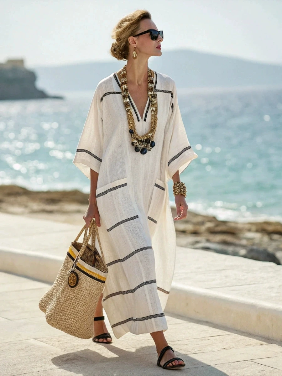 

2025 Spring Autumn Stripe Print Long Dresses Women Casual Loose V-neck All-match Maxi Dress Fashion Lady Commuting Commuting