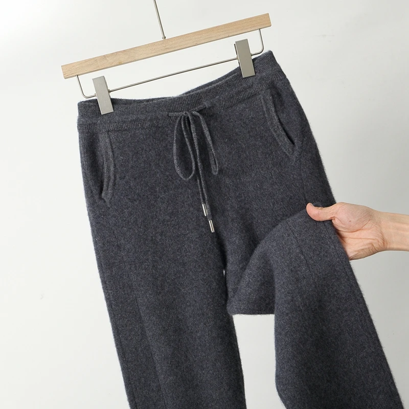 New Men Knitted Pleated Ankle Pants 100% Pure Wool Plane Thicken Pants Pocket Decoration High quality Warmth Ventilate Long Pant