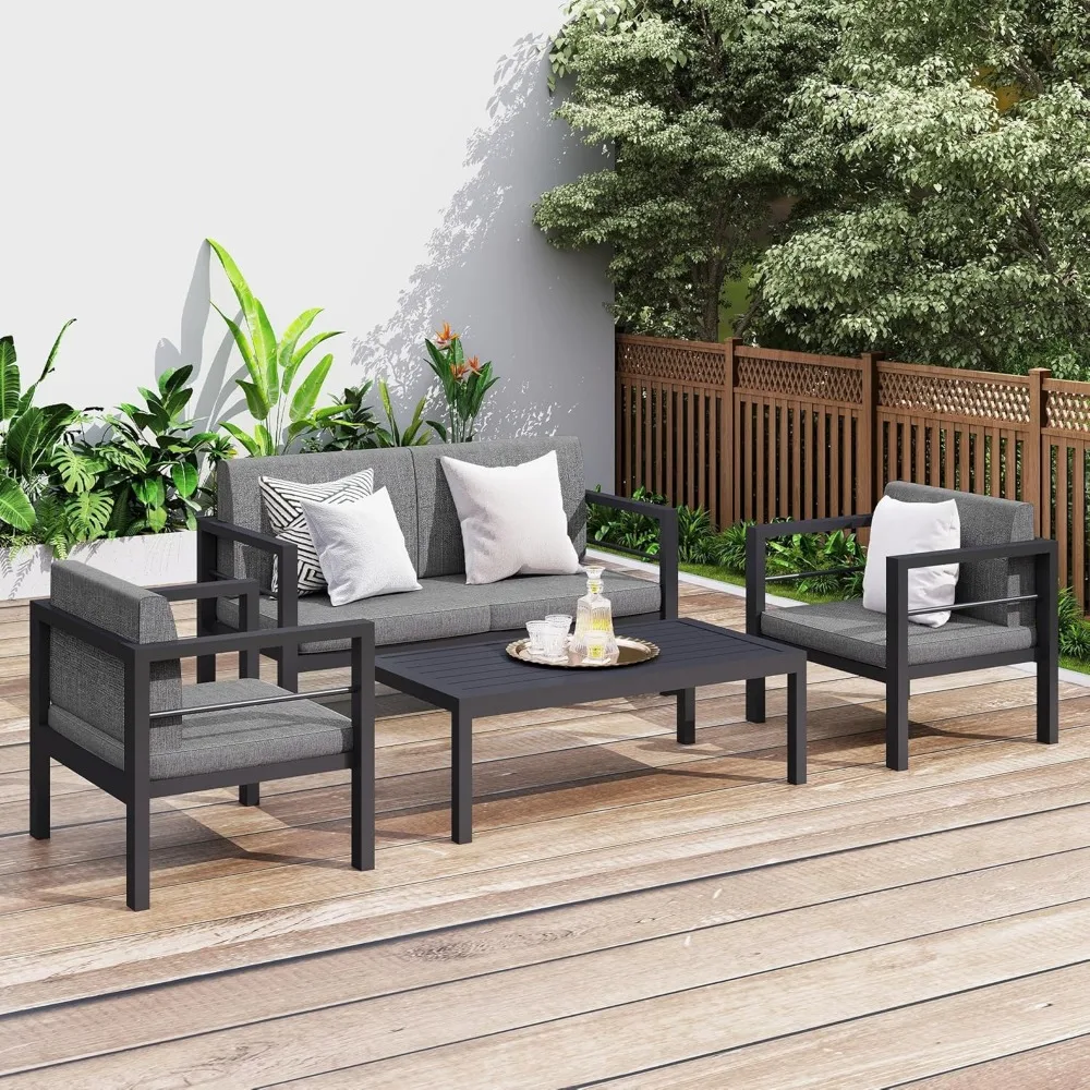 

Алюминиевый набор мебели для патио, современный набор для бесед из 4-х предметов с модернизированной подушкой и журнальным столиком, секционный диван для улицы