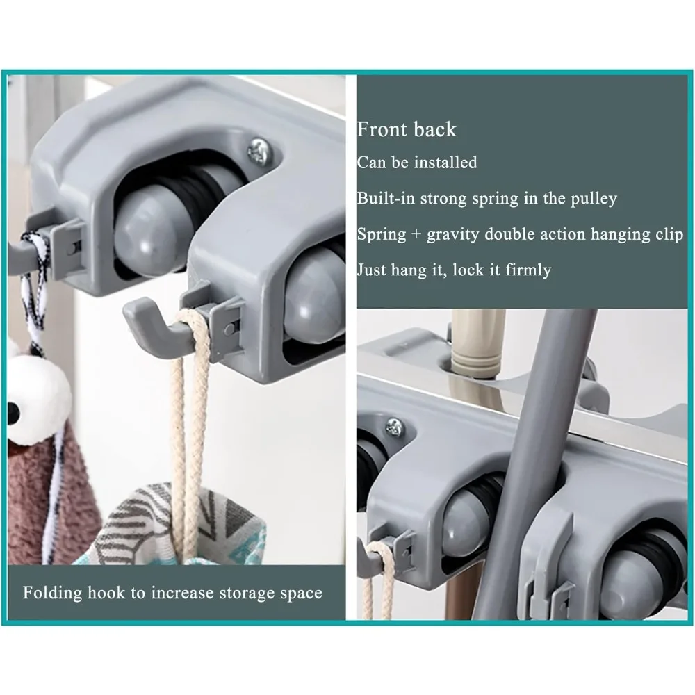 ممسحة مبللة من الفولاذ المقاوم للصدأ قائمة على الأرض وحامل مكنسة مع رف تخزين أدوات قابل للإزالة