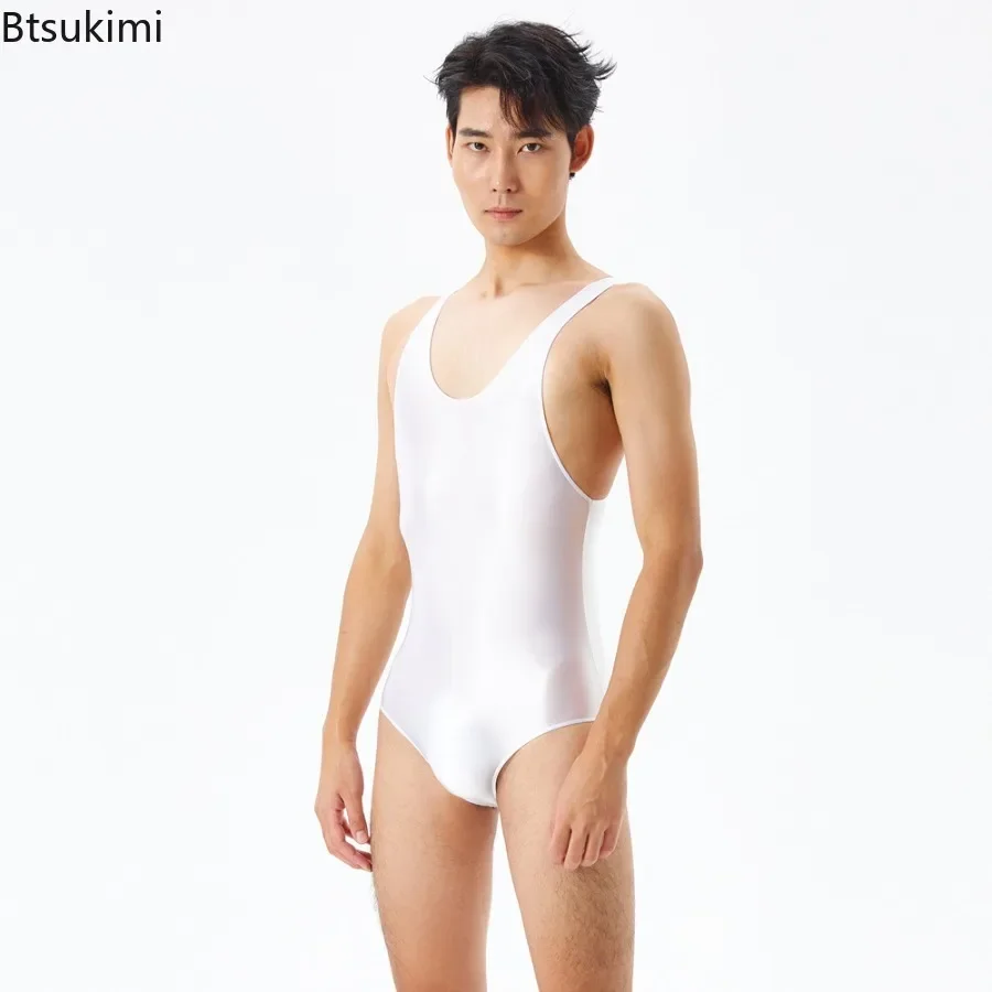 New Men's Sexy Oil Shiny Bodysuits High Elastic Tights Slim One-piece Underwear Fashion Sleeveless Onesies Bodybuilding Jumpsuit