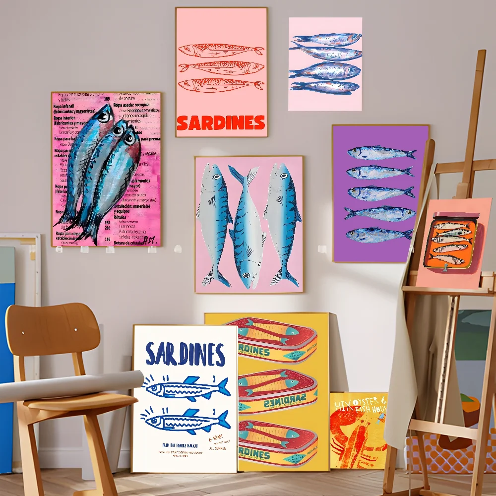 Colorful Sardine Lobster Fish Ocean Good Quality Prints and Posters Waterproof Sticker Coffee House Bar Posters Wall Stickers